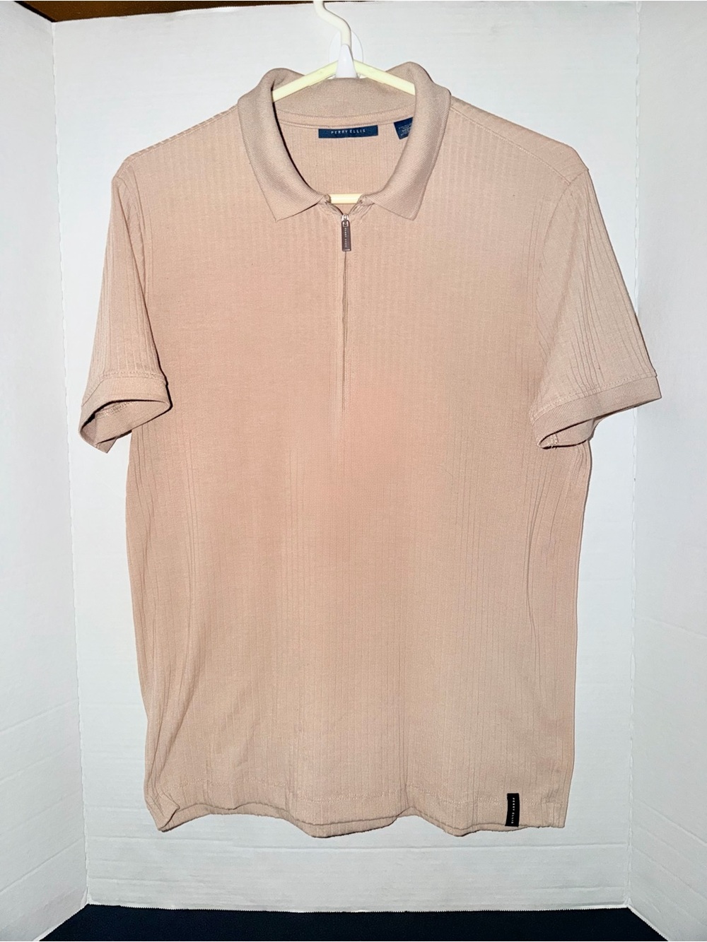 Perry Ellis Men’s Short Sleeve Zip Polo in Beige
